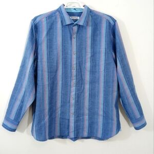Tommy Bahamas Linen Stripes Button Up Shirt Casual Long Sleeve Multicolored‎